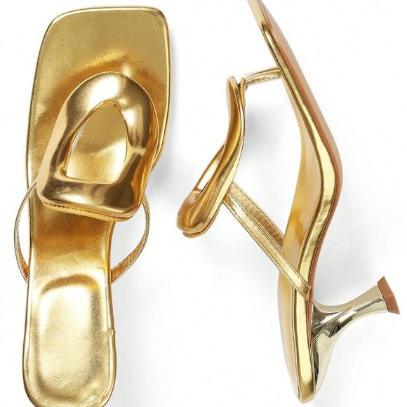 Gold Elegant Women's Metallic Square Toe Kitten Sandal Heels - Picture 2 of 5